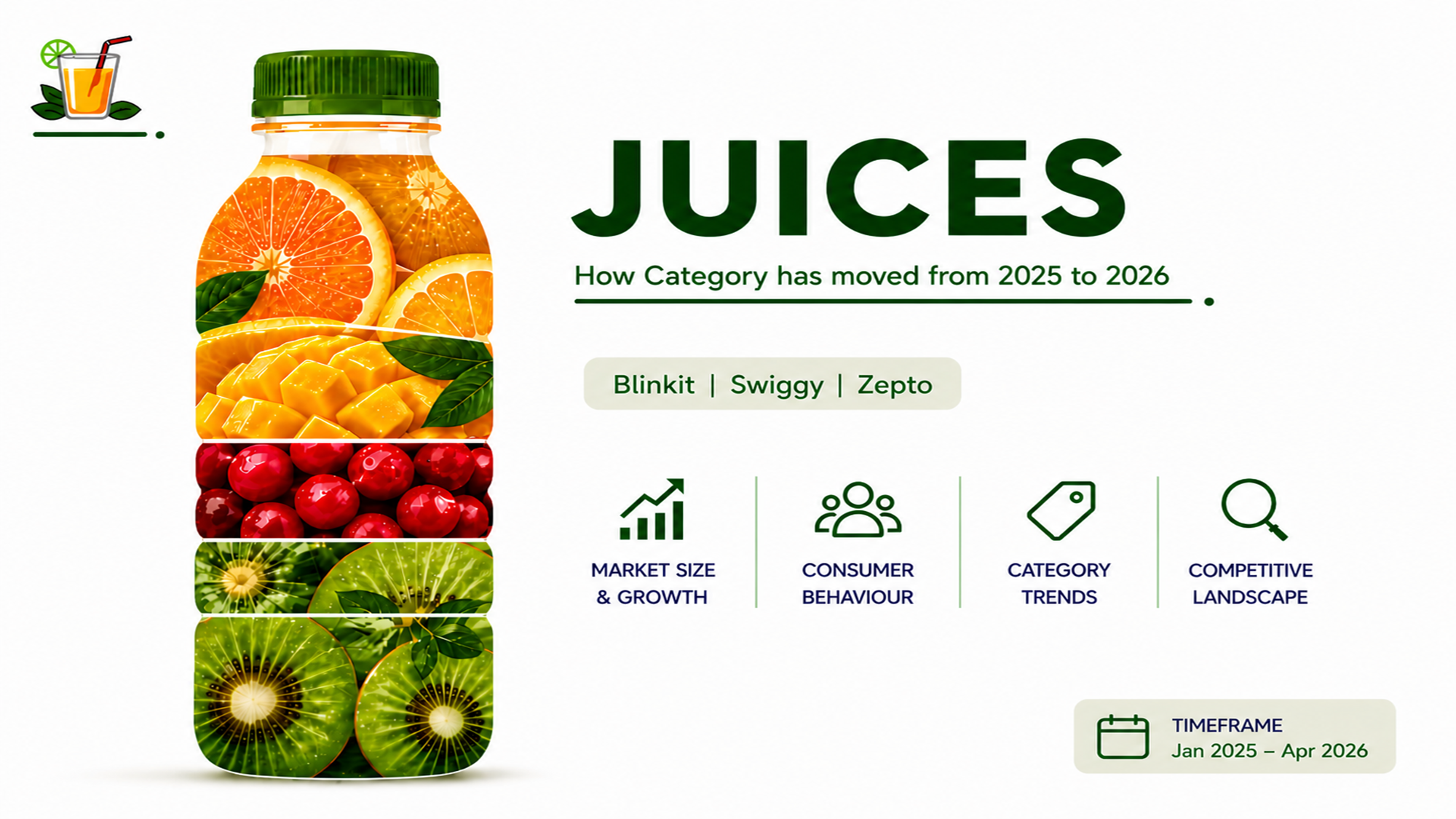 1DigitalStack report cover for the juices category on quick commerce platforms in India 2025 to 2026